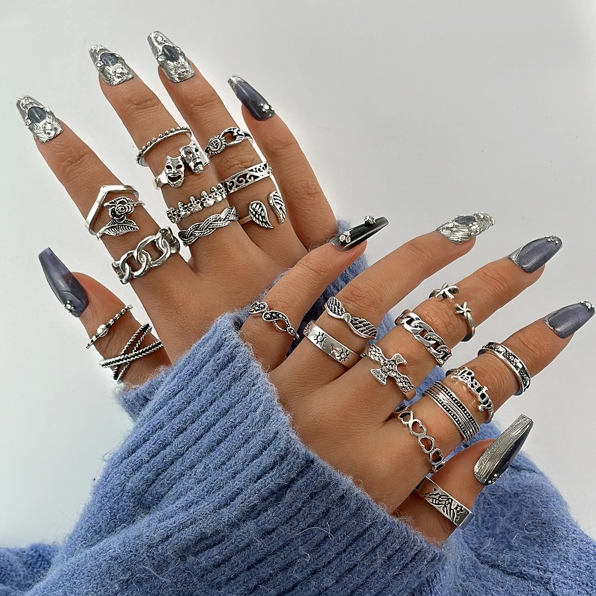 docona Vintage Silver Color Skull Pattern Finger Rings Set for Women  Lrregular Opening Ring Jewelry Party 23pcs/set 26641