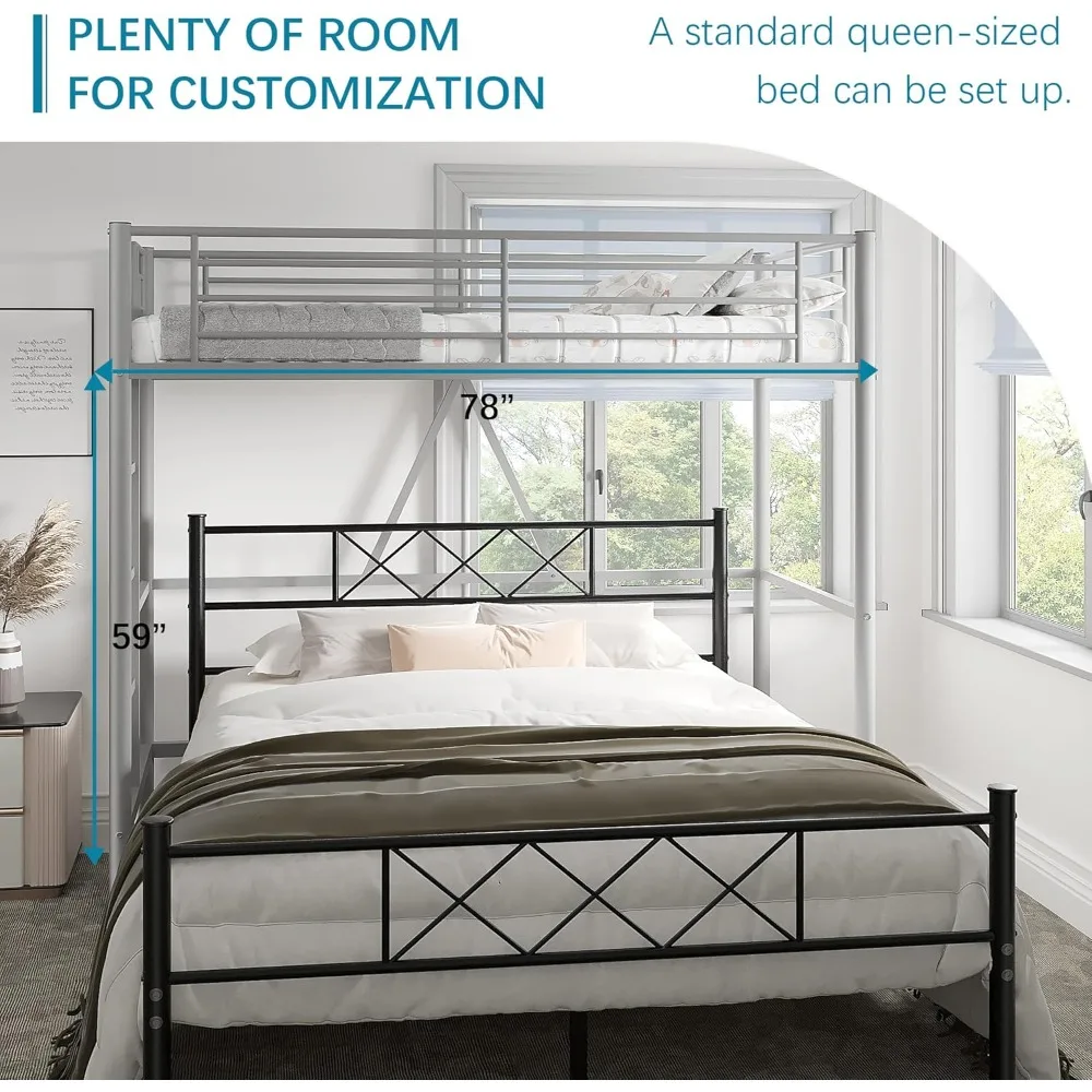 سرير مزدوج علوي مع سلالم، سلم قابل للفصل، حاجز حماية عالي، إطار معدني، موفر للمساحة، تصميم هادئ