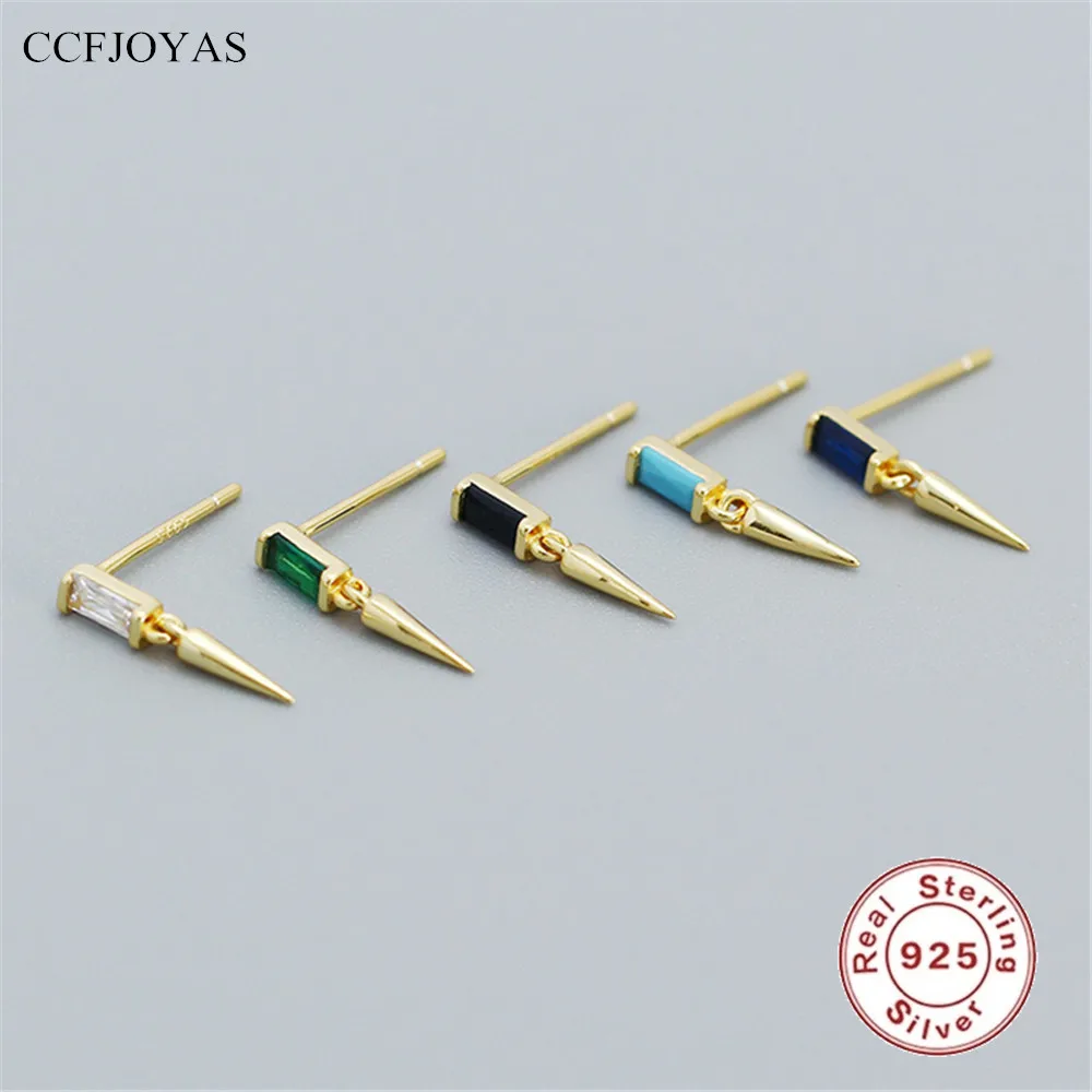 CCFJOYAS 925 Sterling Silver ins Geometric Punk Rivet Stud Earrings for Women Colorful Zircon CZ Piercing Earrings Fine Jewelry