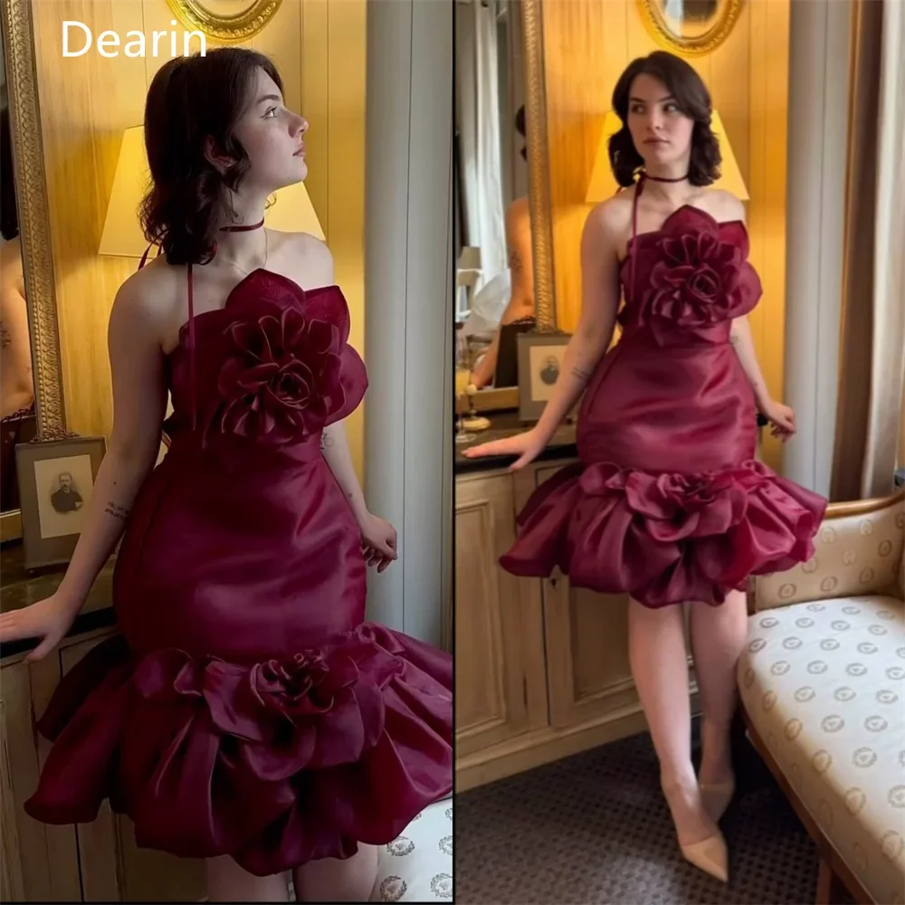 

Evening Gown Prom Saudi Arabia Dearin Halter A-line Knee Length Skirts Knot Sleeveless 3D Flower Bespoke Occasion Dresses Formal