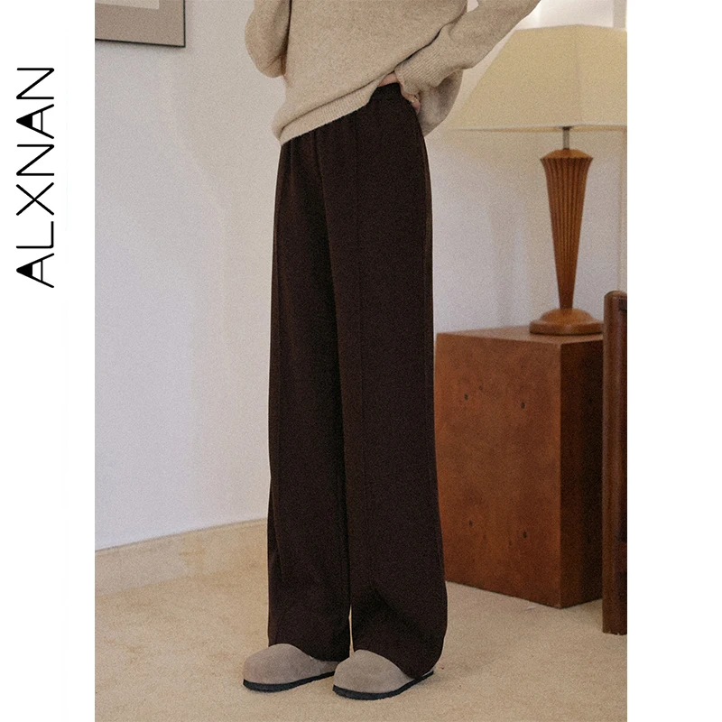 

ALXNAN Brown Pants 2025 Autumn Wide-leg Casual Straight Cotton Women's Baggy Pants Office Lady Loose-fit Elegant Trousers L58057