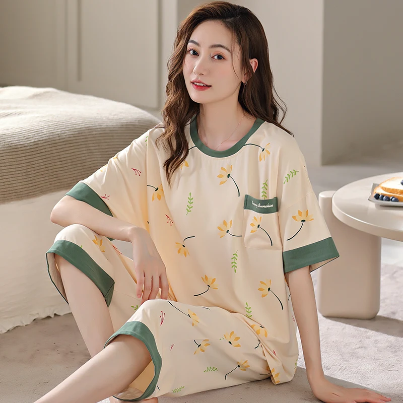 Conjuntos de Pijamas de Verão com Manga Curta em Modal, Pijamas Femininos Tamanhos Grandes M-5XL, Roupas Confortáveis para Casa