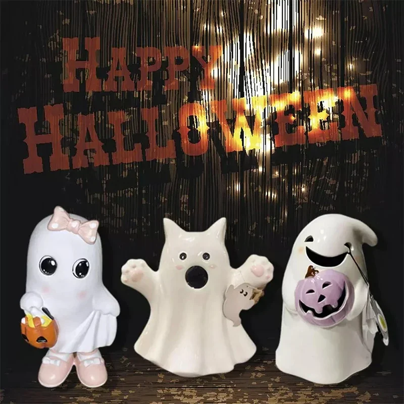 Bootiful Resin Ghost Halloween Decorative Figurine Target Spooky Small Ornament Holding Pumpkin and Bat Halloween Decoration