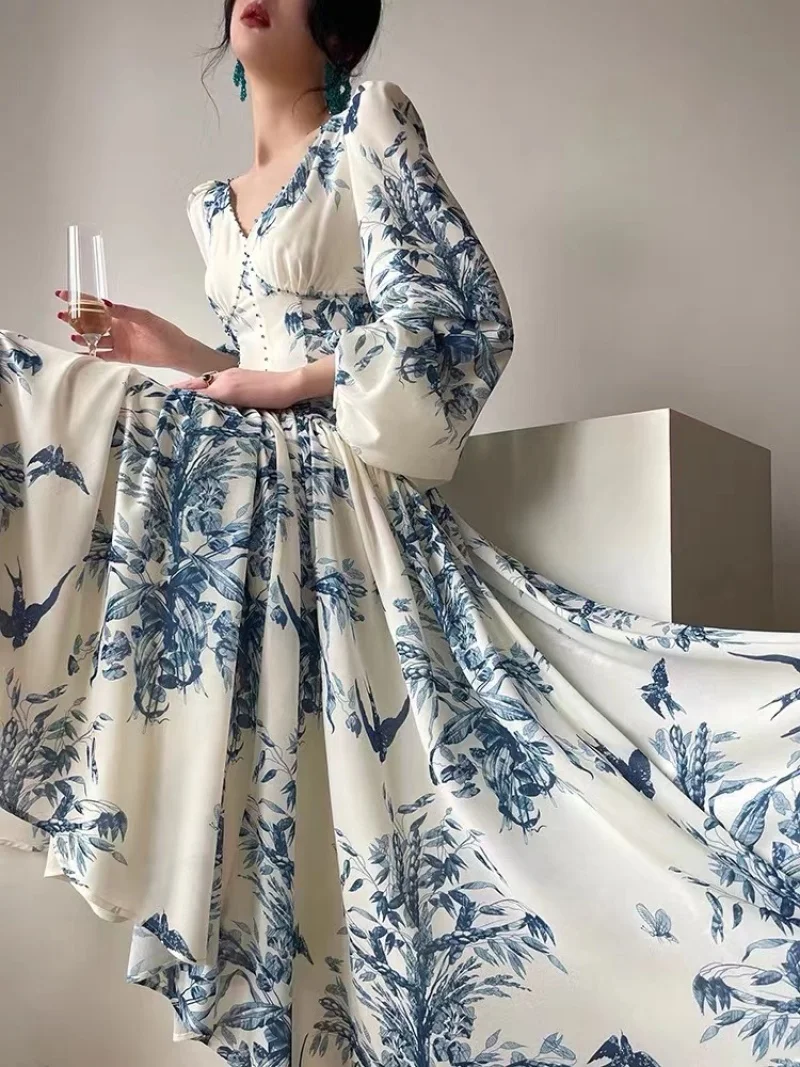 Imagem -05 - Vestidos Vintage com Estampa Floral Midi para Mulheres Elegante Decote em v Manga Lanterna Roupas Femininas Casuais Festa Francesa Novo Verão 2023