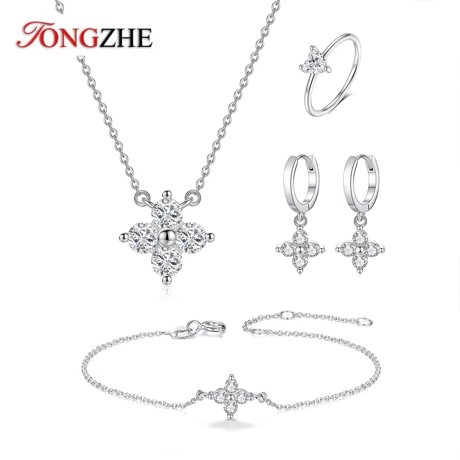 TONGZHE 925 Sterling Silver Pendant Necklace for Women Ring Earrings Romantic Leaf CZ Bracelet Neck Festive Party Jewelry