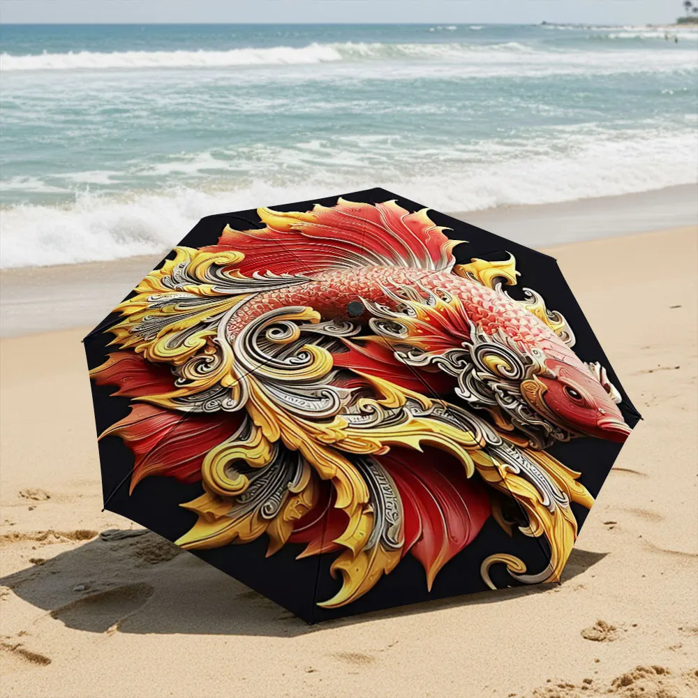 Ornate Red and Gold Fish Pattern Umbrella Design Compact Fashion Folding Umbrella for Daily Use, Christmas Gift