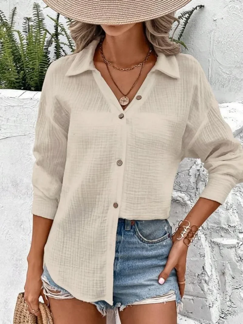 2024 New Spring Summer Women Shirts Muslin 100% Cotton Gauze Long Sleeve Womens Tops Retro Blouse