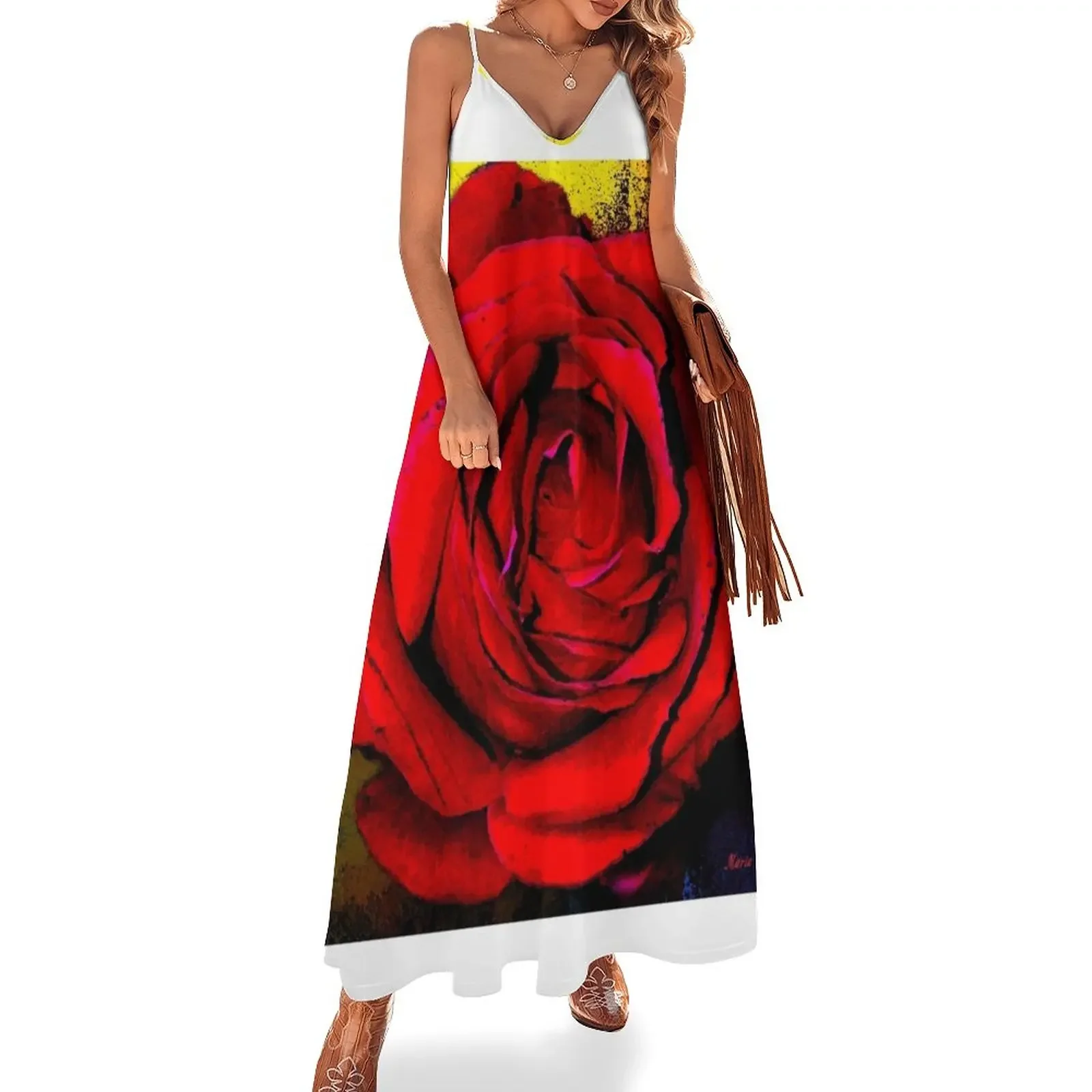

Big red rose Sleeveless Dress evening dress chic and elegant woman dress long women summer