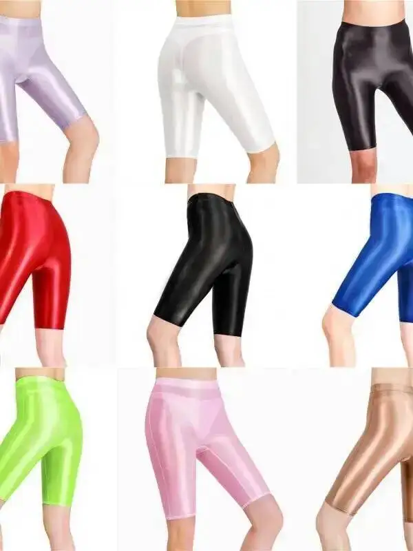 New Oil Glossy Mesh Seven Points Shorts Sexy Yoga Pants High Elasticity Perspective Korean Style Women Fashion Polychrome 4HOA