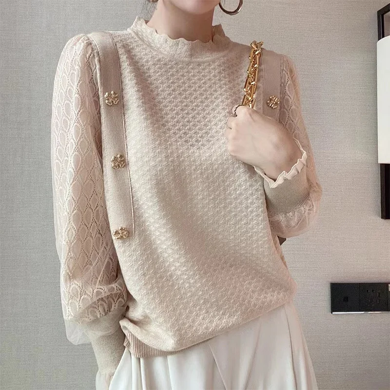 

Ele Lace Long Sve Вязаный свитер Faionable Свободный повседневный базовый слой Топ Корейский Sle f Высокая круглая деталь на пуговицах