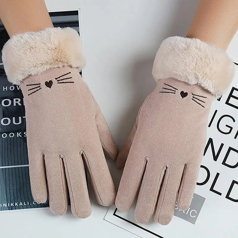 Warme Winterhandschuhe für Damen, winddicht, mit niedlichem Katzenmotiv und kältebeständigen Eigenschaften, dickes Fellfutter und Touchscreen-Funktion. – Detail 1