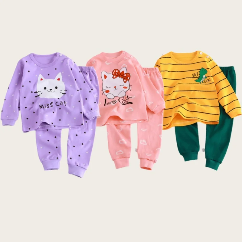 Autumn Kids Set Dinosaur Cat Cartoon Print Long Sleeve Top+Cuffed Jogger Pants 2Pcs Clothes Boys Girls Soft Cotton Suit