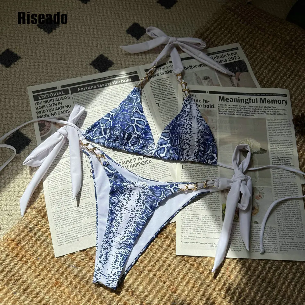 Conjunto de bikini brasileño sexy para mujer, traje de baño con top de cadena y cuello halter de leopardo, traje de baño con tanga