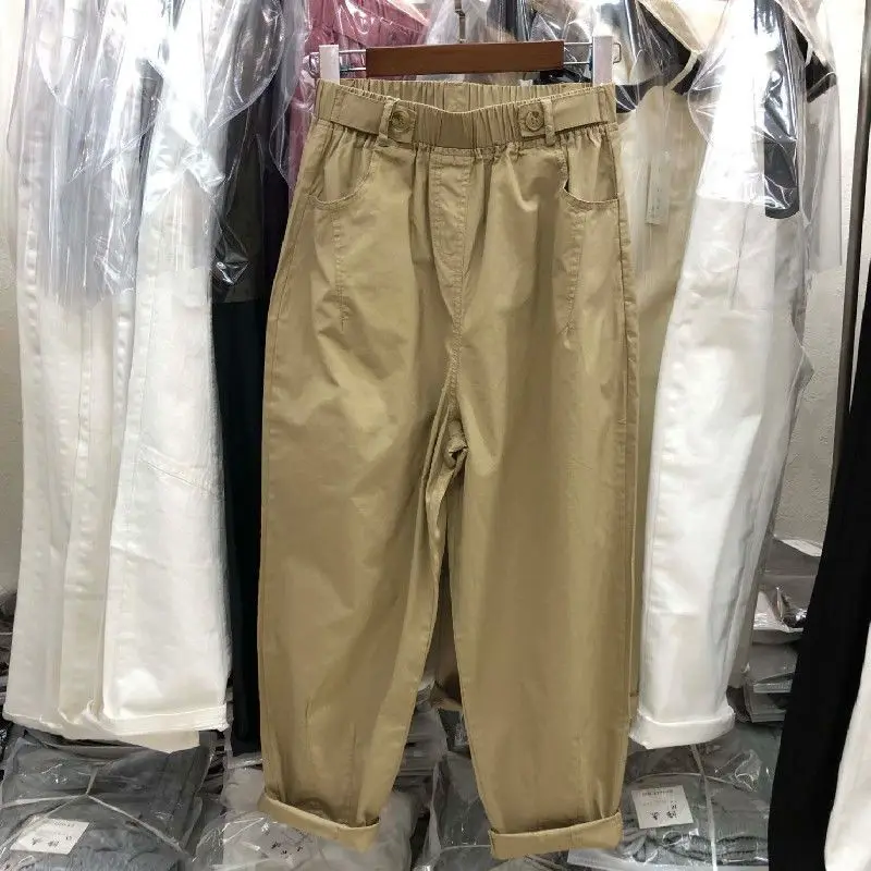 Calça harém de cintura elástica feminina, estilo coreano, bolsos de botão, comprimento do tornozelo que combina com tudo, nova, monocromática, primavera, outono, 2023