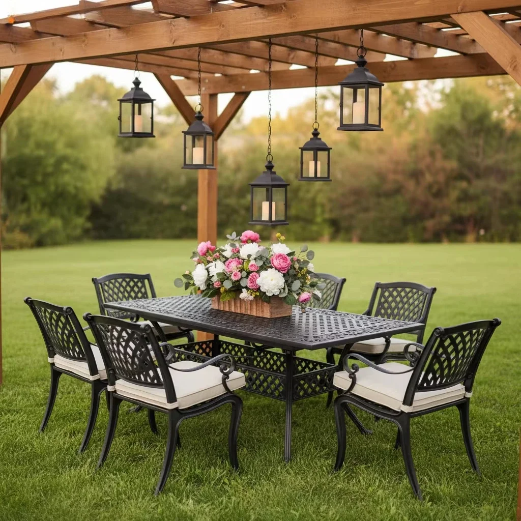 #High Quality Waterproof Cast Aluminum Modern Design 6 Seater Outdoor Park Courtyard Garden Dining Tables and Chairs
