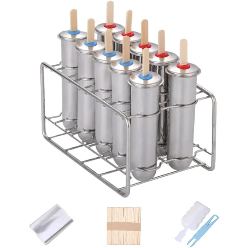 

A55P-Ice Cream Popsicle Molds(Silver)- Stainless Steel 10Pcs Set Storage Rack Round Design
