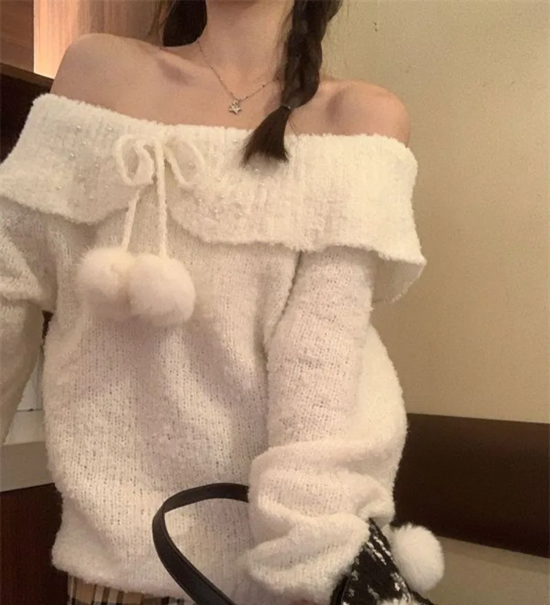 Ball Tops Bow White Pullovers Slash Neck Long Sleeve Y2K Sweater Women Sueter Mujer Knitted Off Shoulder Hotsweet Korean