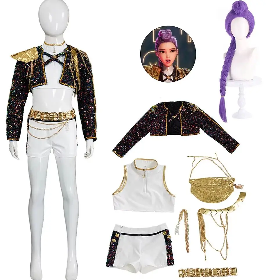 

Rumi Huntrix Cosplay Costume K-Pop Demon Hunters Dress Up Suit For Kids Black Full Set Clothes With Sequins Halloween Party Wigs