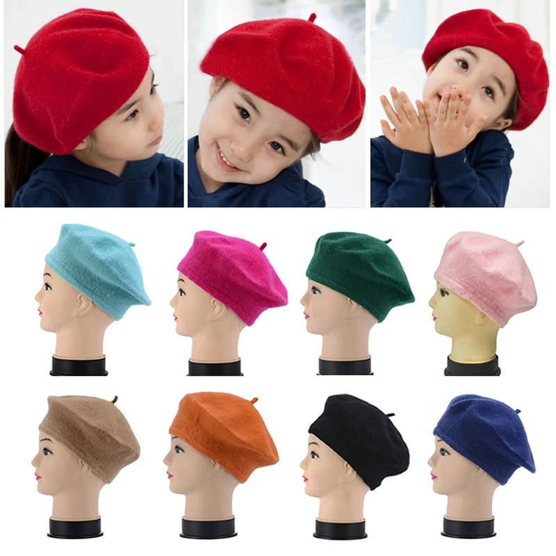 New Adult Kids Beret Winter Beanie Hat Retro Vintage Plain Beret French Artist Warm Wool Solid Color Elegant Hat Cap Head Wear