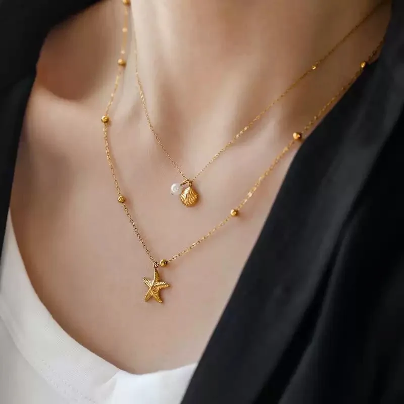 Luxury Starfish Shell Rhinestone Clavicle Chain for Women, Niche Elegant Gold-tone Short Neck Chain, Hardly Fades