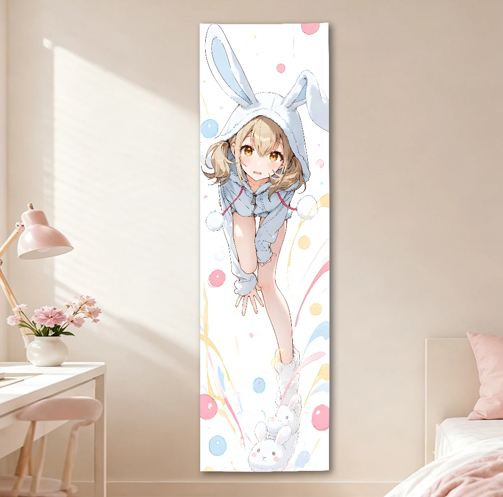 Cute Bunny Ear Hoodie Anime Girl Long Tapestry, Pastel Kawaii Rabbit Soft Vertical Wall Hanging for Girly Bedroom Dorm Decor