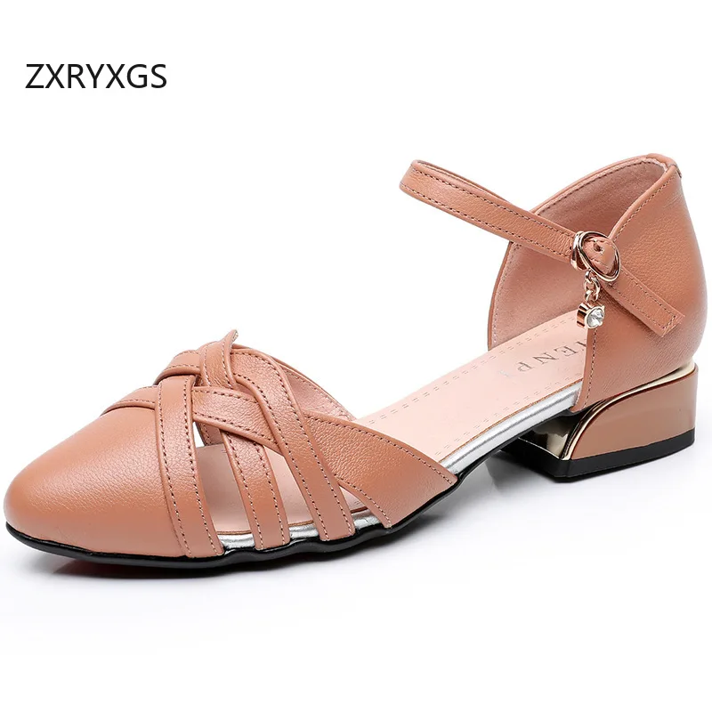 

ZXRYXGS High-end Top Cowhide Round Toe Women Genuine Leather Sandals Fashion Shoes 2025 New Summer Large Size Sandals Low Heels