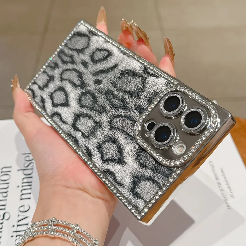 Funda de teléfono con estampado de leopardo y diamantes de lujo para iPhone 16, 15, 14, 13, Pro Max Plus, protección de cámara, cubierta chapada a prueba de golpes