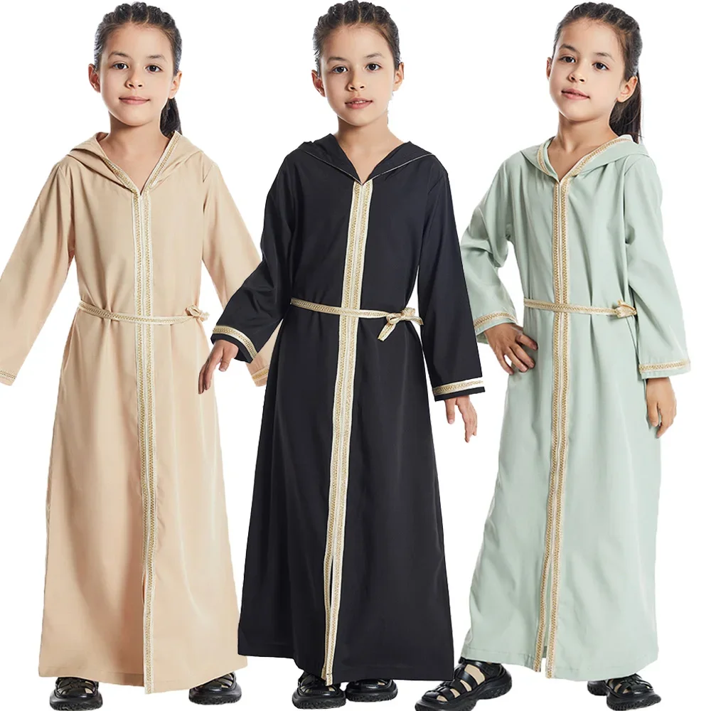 2025 Fashion Casual Girls Kids Muslim Long Dress Islamic Clothing Dubai Abayas Hooded Children Eid Ramadan Robe Arab Robe Gown