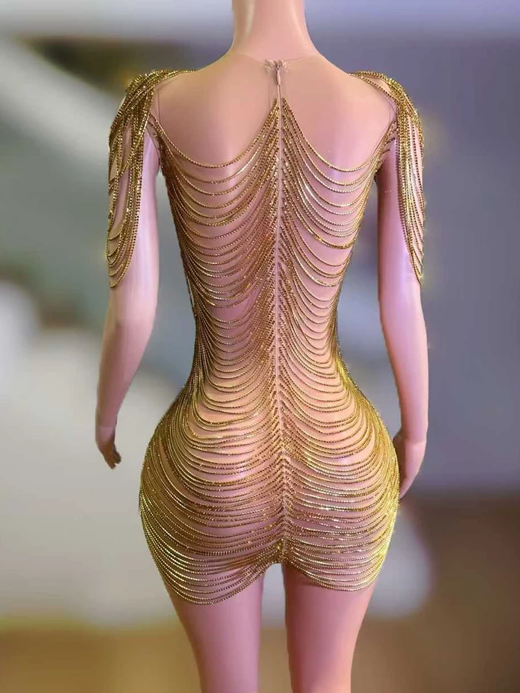 Wysokiej jakości łańcuszek z kryształkami seksowna prześwitująca sukienka z siateczki 2025 nowych moda niestandardowa odzież damska