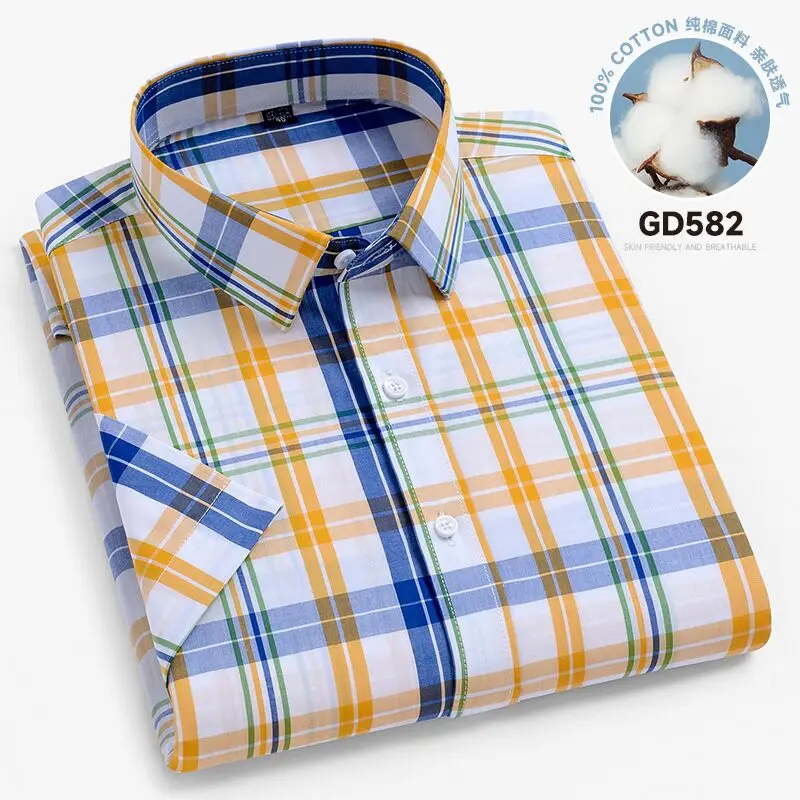 Men\'s new summer 100% cotton plaid short-sleeved shirt non-ironing slim business casual fashion comfortable fresh and breathable