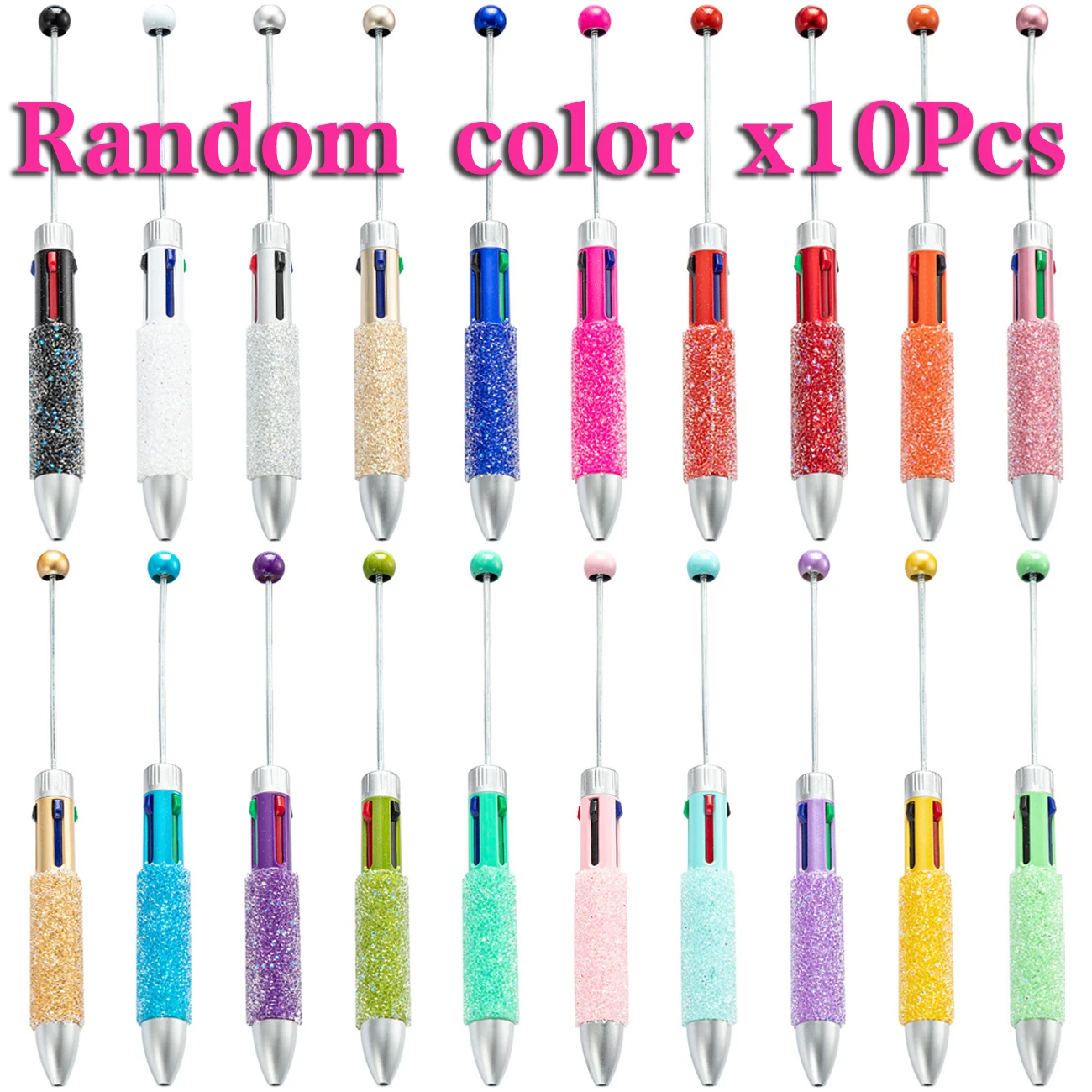 

10Pcs New DIY Full Star Beaded Four-color Ballpoint Pens Cute Student Multi-color Beaded Pen Press Plastic Pen