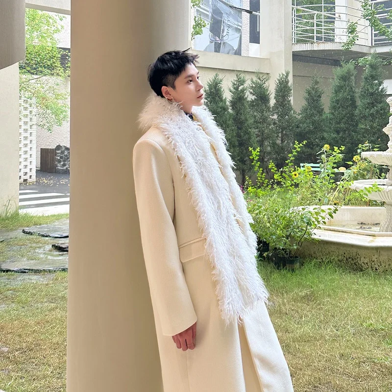 

Autumn Winter Thiened Plu Scarf oulder Wrap Men's Knee-Length Woolen Coat Youth Faion Sle Long Coat Single Button