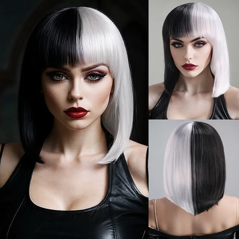Synthetic Cos Wig Short Curly Dual Tone Black White Color Block Halloween Party Costume Hair Anime Inspired