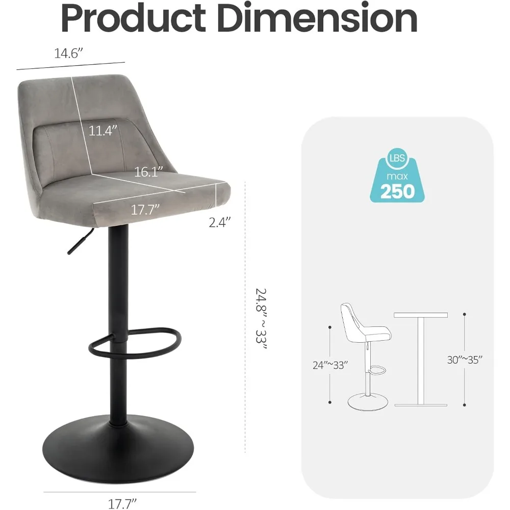 Contemporary Velvet-Covered Swivel Bar Stools: Adjustable High-Back Counter Height Chairs for Kitchen Islands