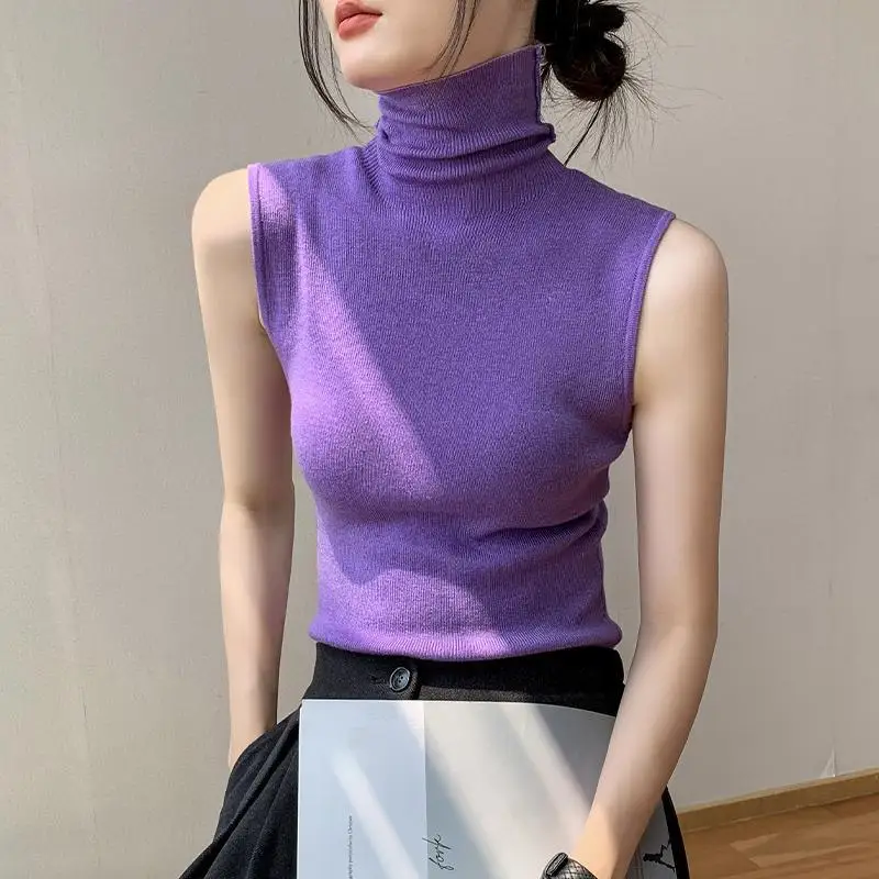 Wholesale Turtleneck Sweater Vest Base Slim Fit Pullovers Women Autumn Winter Pile Collar Sweater Sleeveless Solid Knitted Top
