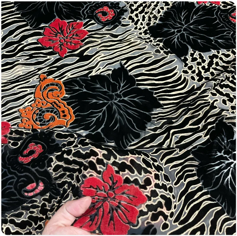 Black Red Flower 2022 Imitation Silk Cotton Velvet Burnt Cloth Dress Shirt See Through Clothing Fabric 3