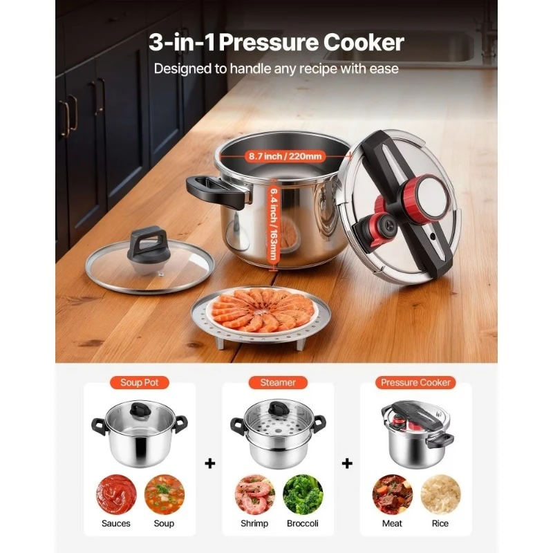 6.3-Liter stainless steel pressure cooker with tempered glass cover and steaming rack, triple pressure tank