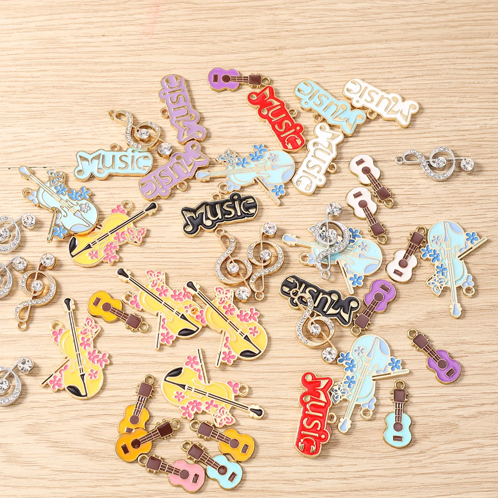 10 Stück niedliche, gemischte Emaille-Musikbuchstaben-Gitarren-Anhänger für die Schmuckherstellung, Halsketten, Ohrringe, Armbänder, DIY-Bastelzubehör – Detail 3