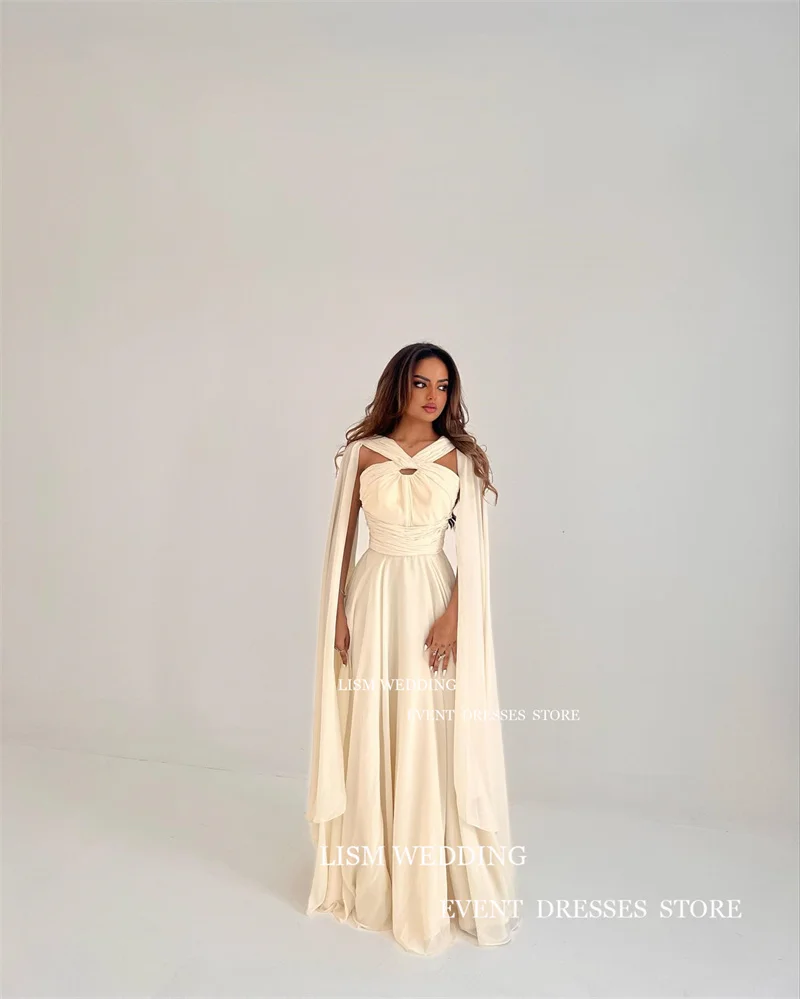 LISM Graceful A Line Evening Dress Saudi Arabia Chiffon Sleeveless Wedding Party Dresses Floor Length Prom Gown With Shawl