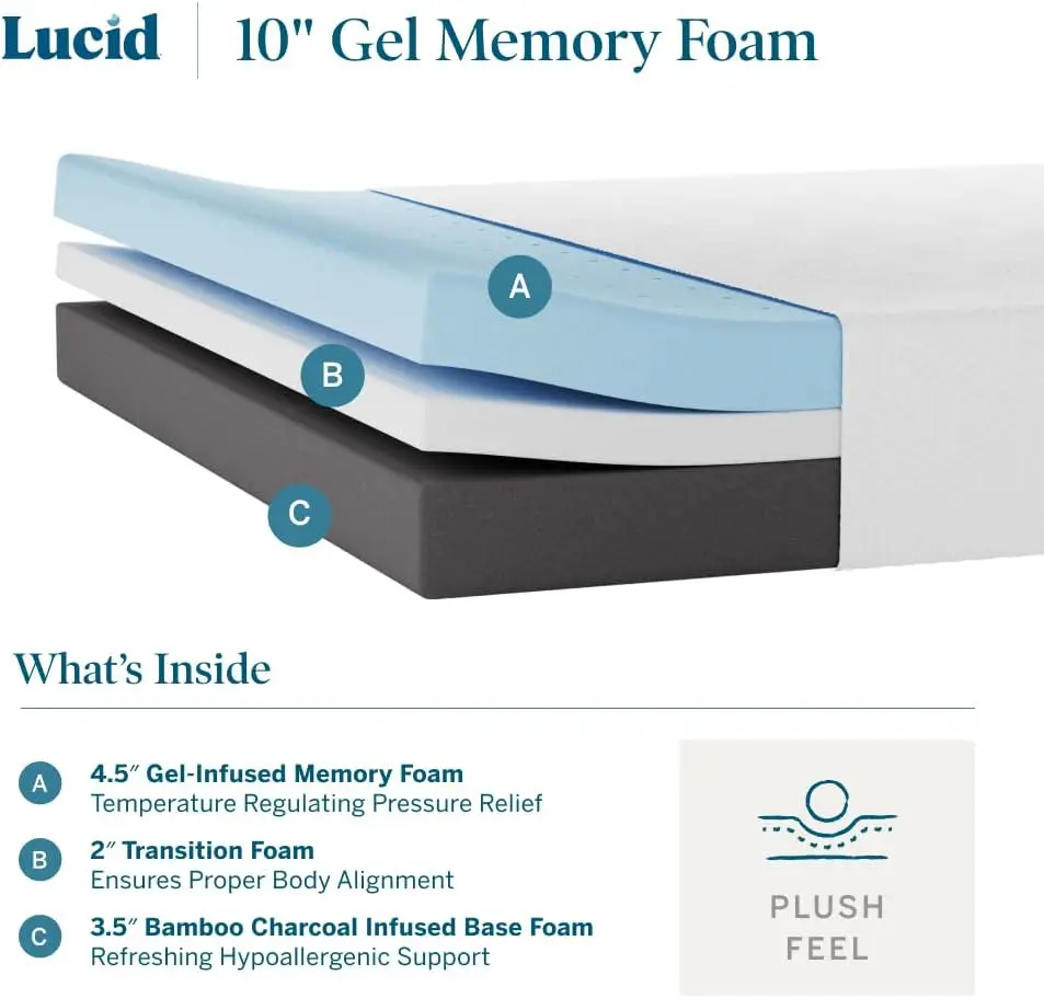 LUCID 10 Inch Memory Foam Mattress Plush Feel  Infused with Bamboo Charcoal and Gel Bed in a Box  Temperature Regulating