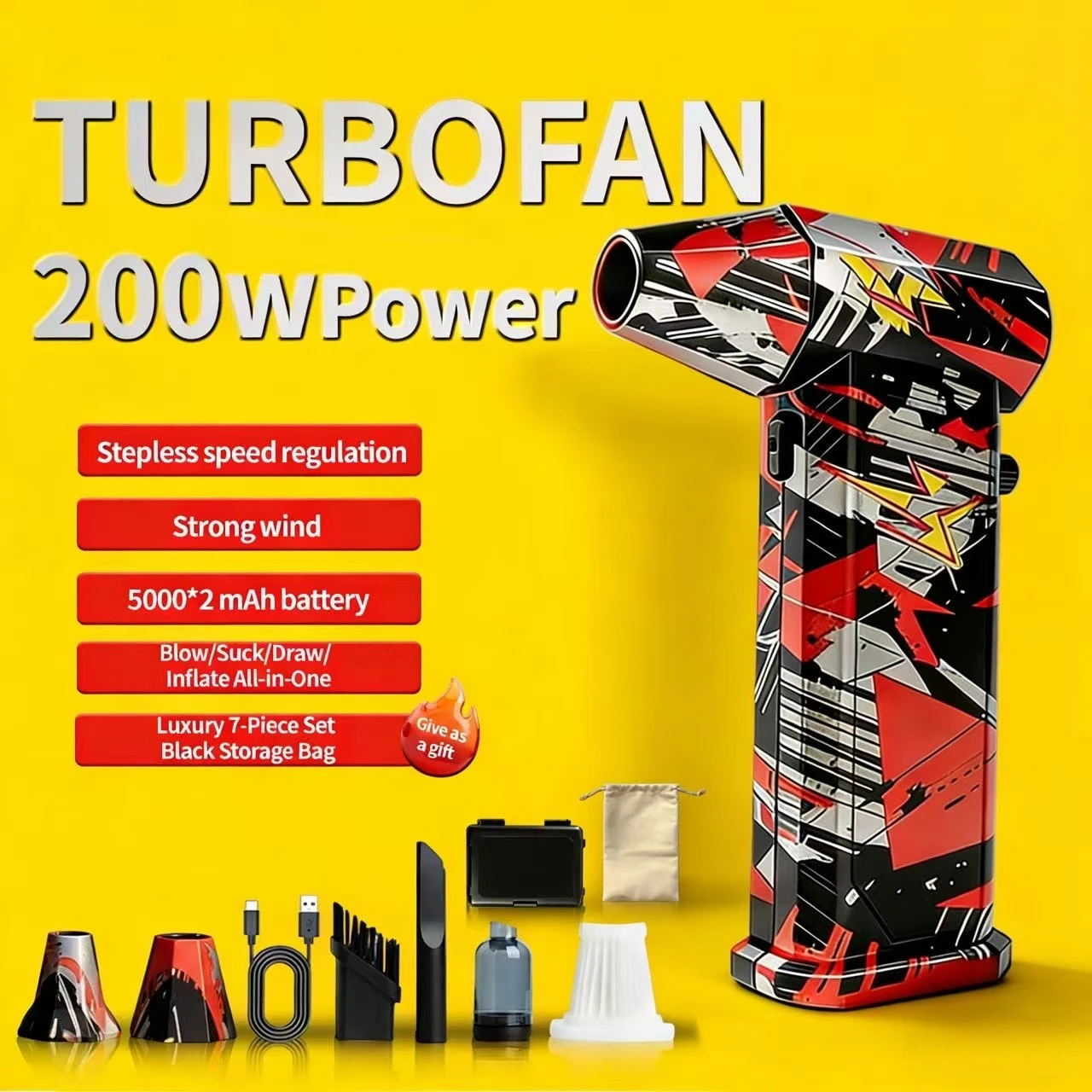 

X9 Silver-Black-Red Brushless Vacuum Fan, 300000 High RPM, 75m/s Strong Wind Speed,Turbo Jet Hair Dryer+Car Wash Gun + Snow