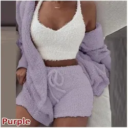 European and American women's clothing winter plush loungewear casual 3-piece set pajamas long-sleeved shorts sports suit