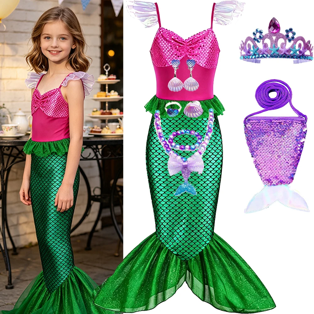 Sea Mermaid Fishtail Princess Summer Dress With Crown Necklace Complete Accessories Set For Girls Birthday Book Week Halloween