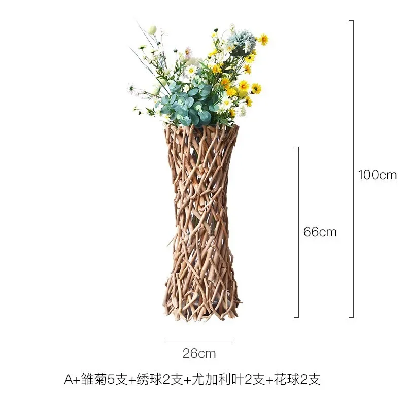 Simple wooden large vase ornament, living room flower arrangement creative Nordic ins wind floor flower device