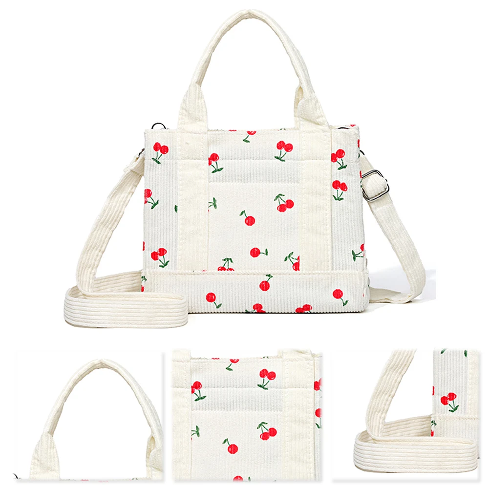 

Adjustable Strap Cute Cherry Shoulder Bag Corduroy Tote Bag for Women with Front Pocket Crossbody Bag Zipper for Work Travel