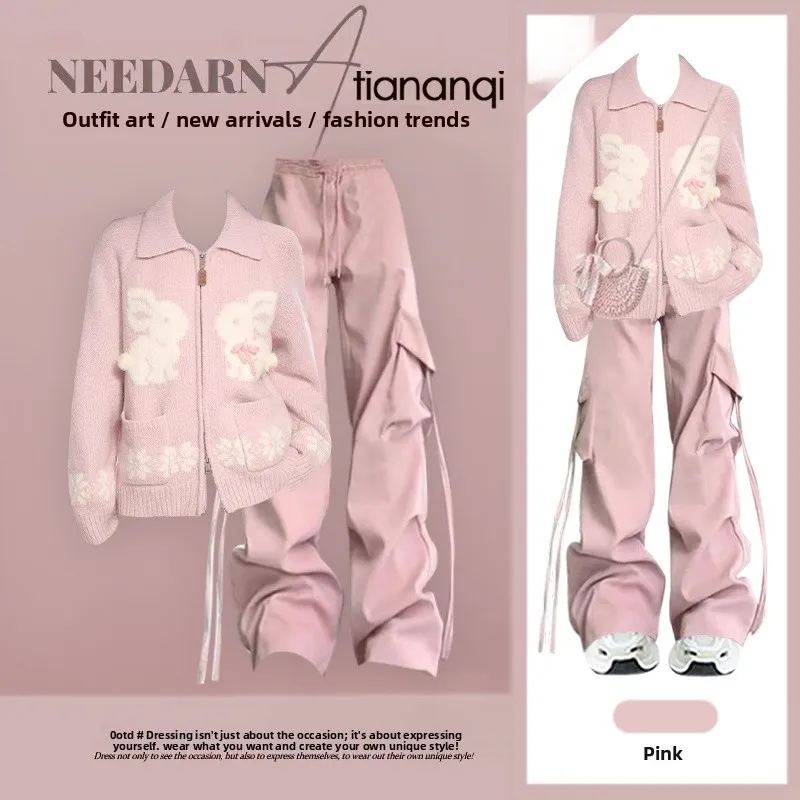 

2026 New Sle Knitted Sweater with Zipper Collar Small Rabbit Embroidery Slim Fit High Waist Pants Faionable Two Piece Set