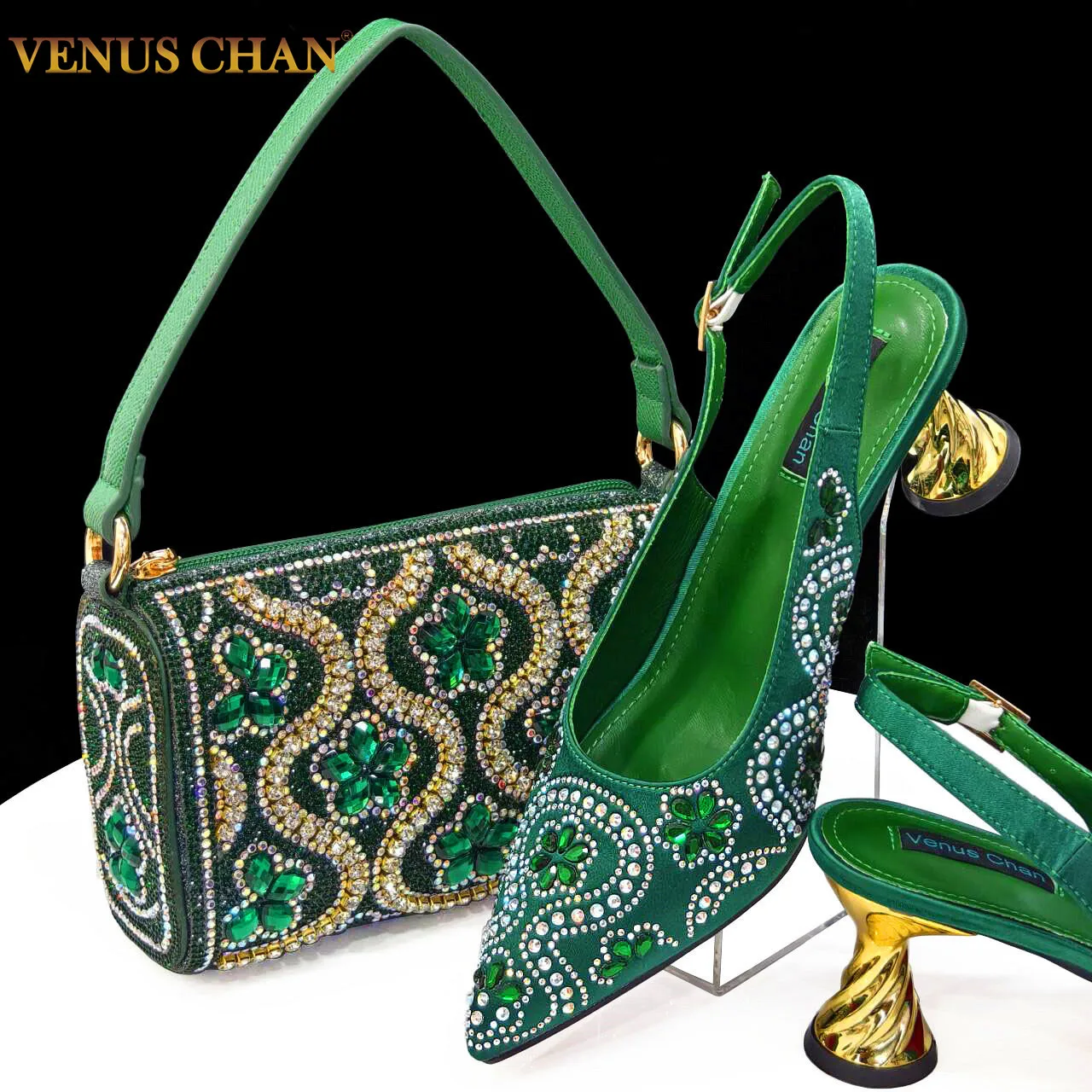 2024 Summer New Design Specials Italian Women Shoes and Bag Set in Royal Green Color Comfortable Heels With Rhinestone for Party