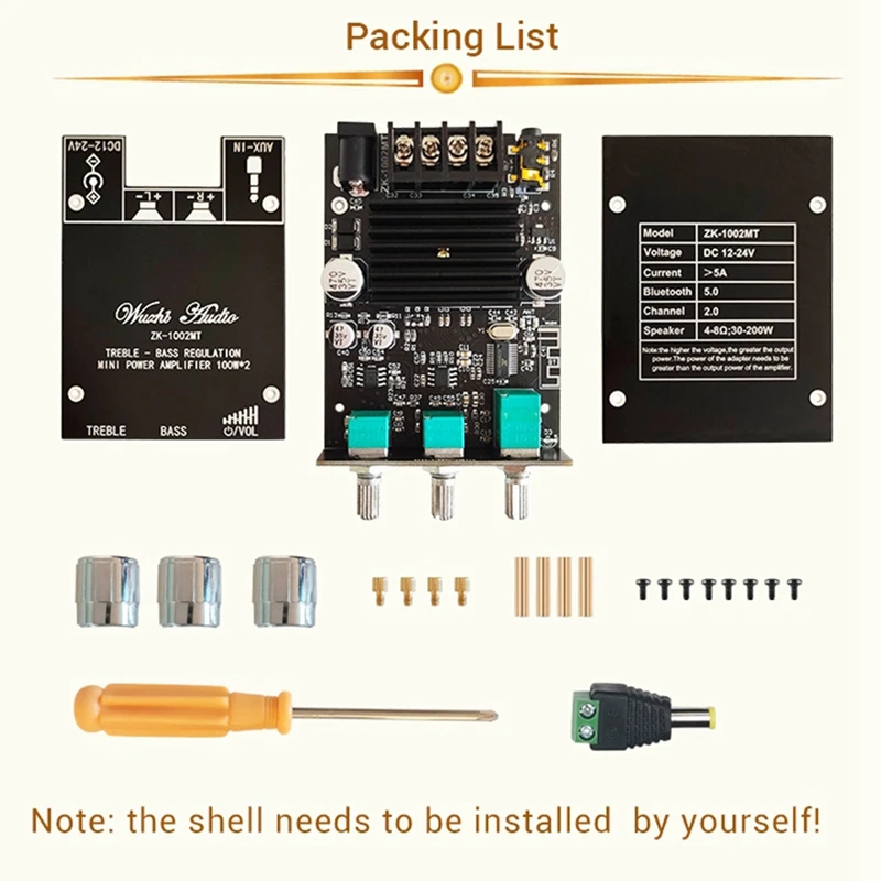 Placa amplificadora de potencia ZK-1002MT Bluetooth 5,0, Kit de placa amplificadora de canal de 100W con protección contra cortocircuitos, Control por aplicación, duradera