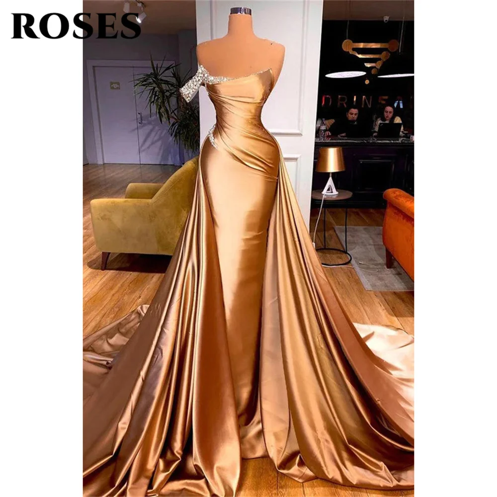 

ROSES Champagne Trumpet Formal Dress Beading Night Dress Sleeveless Evening Dress Soft Stain Wedding Party Dress robe de bal