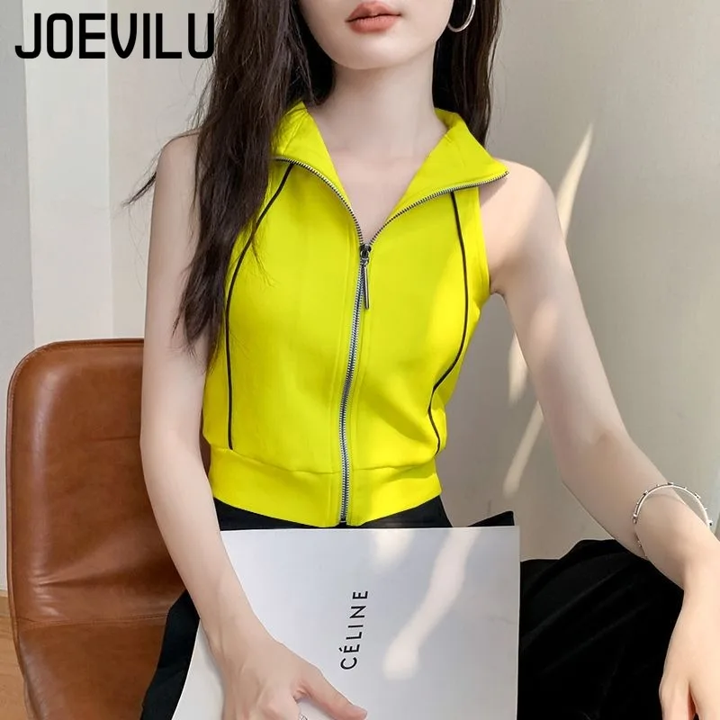 

Summer Women's Strapless Sleeveless Crop Top with Exposed Navel Sexy Knitted Collar Sports Zipper Casual Fitness Tank Top